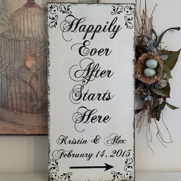 HAPPILY EVER AFTER Starts Here - Personalized -  Shabby Wedding Signs - 24 x 12