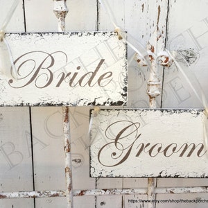 Wedding Signs, BRIDE and GROOM Signs, Chair Hangers, Chair Signs, Mr. and Mrs. Signs, Wood Wedding Signs, 9 x 5 image 1