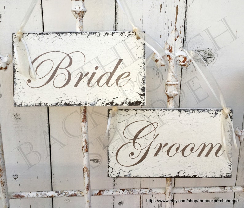 Wedding Signs, BRIDE and GROOM Signs, Chair Hangers, Chair Signs, Mr. and Mrs. Signs, Wood Wedding Signs, 9 x 5 image 1