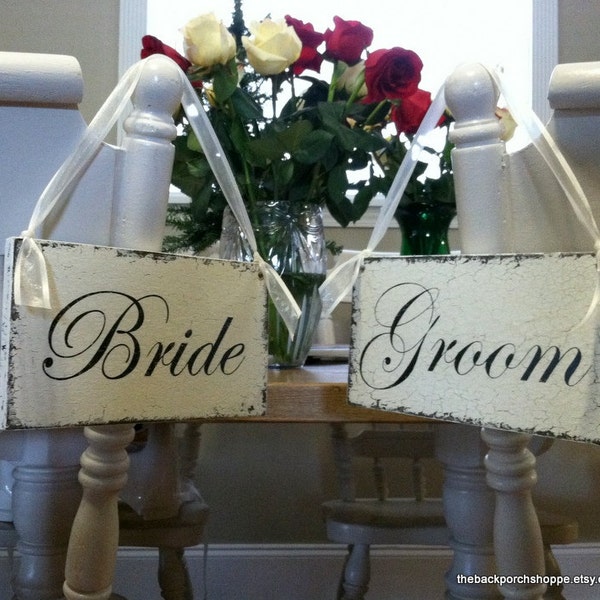 BRIDE and GROOM | Wedding Chair Signs | Hand Painted | No Vinyl | 9 x 5 Set of 2