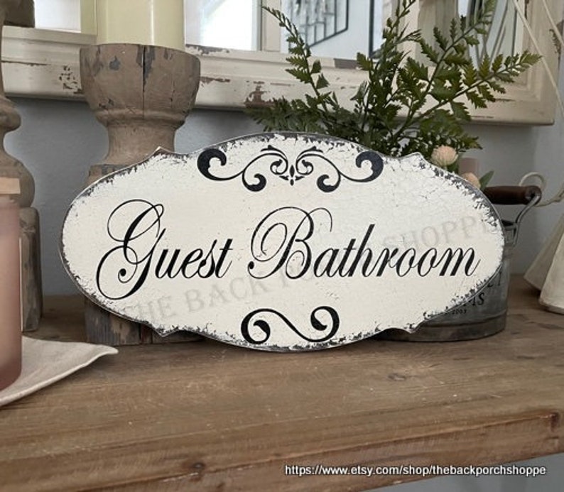 GUEST BATHROOM, Bathroom Sign, Vintage Style Signs, 14 x 7 image 1