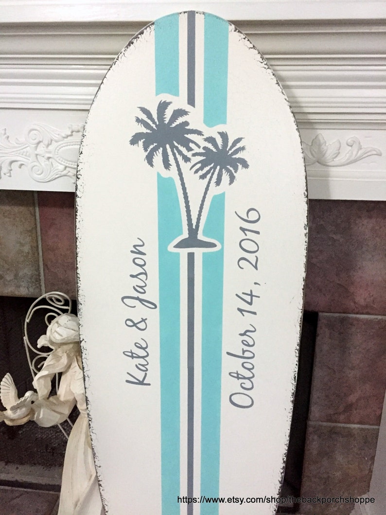 Wedding Guest Book Guest Book Alternative SURFBOARD SIGN, Wedding Signs, Beach Weddings, Palm Trees, 4 ft tall 48 x 15 image 1