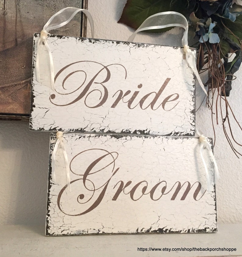 Wedding Signs, BRIDE and GROOM Signs, Chair Hangers, Chair Signs, Mr. and Mrs. Signs, Wood Wedding Signs, 9 x 5 image 2