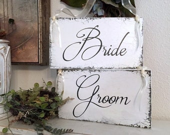 BRIDE and GROOM Chair Signs, Wedding Chair Hangers, Mr and Mrs Signs, Wedding Signs, 9 x 5