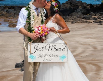 JUST MAUI'D, Wedding Signs, Sea Turtles, Beach Wedding, Mr. & Mrs. Signs, Bride and Groom Signs, Personalized Wedding Signs, 24 x 12