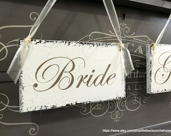 BRIDE and GROOM Chair Signs, Wedding Chair Hangers, Mr and Mrs Signs, Wedding Signs, 9 x 5