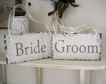 BRIDE and GROOM Set of 2 Chair Signs, Barn Wedding, Beach Wedding, 9 x 5
