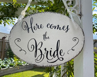 HERE COMES the BRIDE, Flower Girl Sign, Rustic Wedding Sign, 12 x 8.75