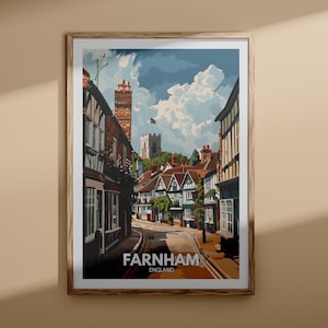 Farnham print - Farnham plakat, sztuka ścienna w Wielkiej Brytanii, dekoracja ścienna w Anglii, brytyjski plakat podróżniczy, wydruk w Wielkiej Brytanii, sztuka miejska w Anglii