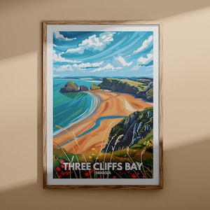 Impresión de Three Cliffs Bay: póster de Three Cliffs Bay, póster de viaje de Swansea, impresión de arte mural de Swansea, arte de playa de Gales, impresiones naturales del Reino Unido