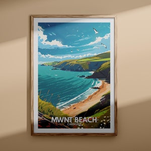 Mwnt ビーチ アート プリント – Mwnt ビーチ ポスター、カーディガン トラベル ポスター、カーディガン ウォール アート プリント、ウェールズ ビーチ アート、英国のナチュラル プリント