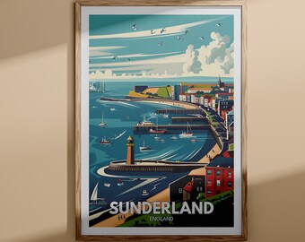 May include: A vintage travel poster featuring a colorful illustration of Sunderland, England. The poster depicts a seaside town with a lighthouse, boats, and buildings. The text "Sunderland, England" is printed at the bottom of the poster.
