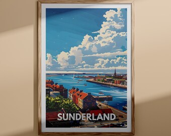 May include: Framed art print featuring a stylized illustration of Sunderland, England. The artwork depicts a coastal scene with a river, boats, buildings, and a cloudy sky. The word "SUNDERLAND" is prominently displayed at the bottom.