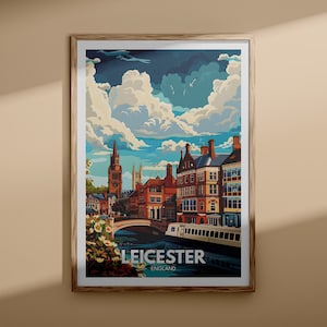 Impresión de Leicester - Cartel de viaje de Leicester, arte de la pared del Reino Unido, decoración de arte de la pared de Inglaterra, cartel británico, impresión del Reino Unido, arte de la ciudad de Inglaterra