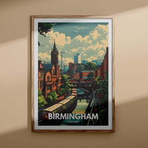 Impresión de Birmingham: póster de viaje de Birmingham, arte mural del Reino Unido, decoración de arte mural de Inglaterra, póster británico, impresión del Reino Unido, arte de la ciudad de Inglaterra