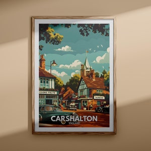 May include: A vintage travel poster featuring a colorful illustration of a quaint English village with a church steeple, a pub called "The Song Palyn", and a classic car driving down the street. The poster reads "CARSHALTON ENGLAND".
