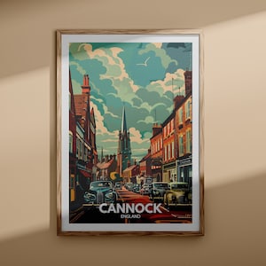 Impresión de Cannock - Cartel de Cannock, arte de la pared del Reino Unido, decoración de arte de la pared de Inglaterra, cartel de viaje británico, impresión del Reino Unido, arte de la ciudad de Inglaterra