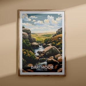 Reisposter Dartmoor National Park, Dartmoor-print, kunst aan de muur nationaal park Engeland, natuurprint Verenigd Koninkrijk, British National Parks