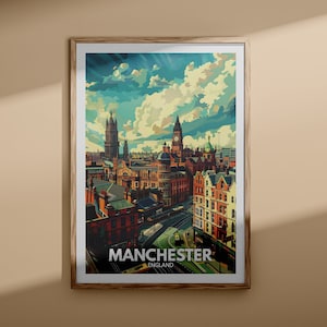 Impresión de Manchester - Cartel de la ciudad de Manchester, arte de la pared del Reino Unido, decoración de la pared de Inglaterra, cartel de viaje británico, impresión del Reino Unido, arte de la ciudad de Inglaterra