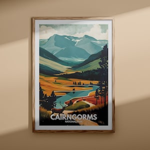 Affiche de voyage du parc national des Cairngorms, impression des Cairngorms, art mural du parc national d'Écosse, impression de la nature britannique, parcs nationaux britanniques
