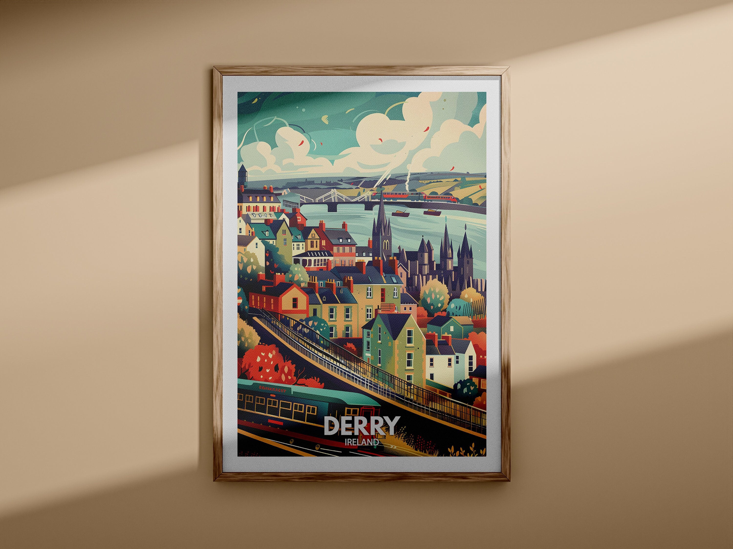 Stampa Derry - Poster Derry, arte murale del Regno Unito, decorazione murale dell'Irlanda, poster di viaggio britannico, stampa del Regno Unito, arte della città dell'Irlanda