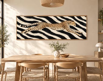 Leopard Canvas Wall Art, Running Cheetah Panoramic Painting, Zebra Pattern Wall Decor, Eclectic Maximalist Art, Large Horizontal Canvas