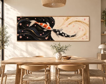 Yin Yang Koi Fish Canvas Wall Art, Panoramic Textured Impasto Painting, Japanese Zen Wall Decor, Framed Above Bed Canvas, Gold Leaf Fish Art