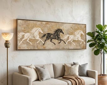 Gold Leaf Horse Canvas Wall Art, Three Running Horses Panoramic Painting, Ancient Greek Fresco Wall Decor, Large Horizontal Over Bed Canvas