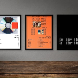 May include: Three framed posters of Kanye West albums: Yeezus, The Life of Pablo, and Donda. Each poster features the album cover art and a tracklist.