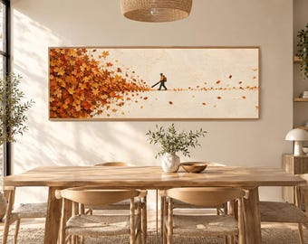Witty Leaf Blower Canvas Wall Art, Autumn Leaves Panoramic Painting, Modern Conceptual Wall Decor, Large Horizontal Fall Canvas