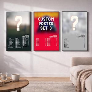 May include: Three framed custom posters with a question mark graphic. The centre poster has the text "CUSTOM POSTER SET 3". The posters have a blurred background in green, red, and grey. Each poster has a list of numbers and text.