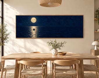 Full Moon Boat Canvas Wall Art, Night Ocean Panoramic Painting, Dark Moody Landscape Decor, Large Horizontal Over Bed Canvas