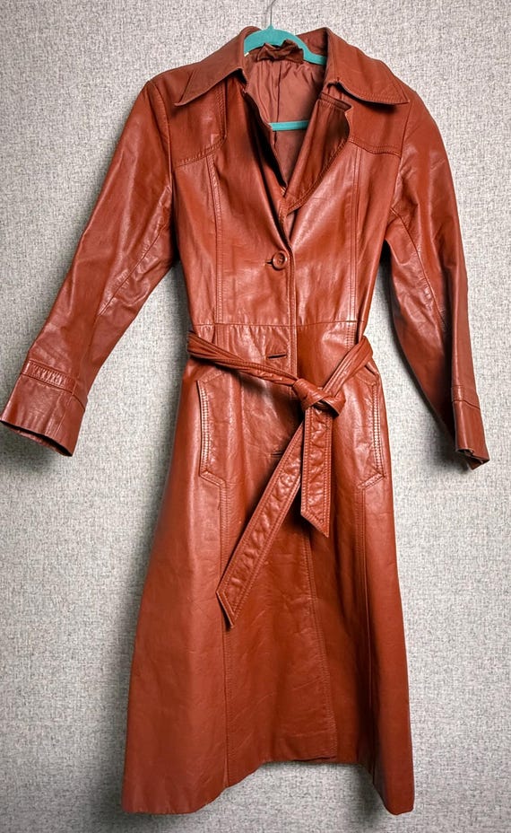 Vintage 70s Rust Brown Orange Leather Full Length Trench Coat Made 