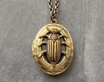 Oval Beetle Locket Necklace, Antiqued Brass Scarab Photo Locket, Gothic Bug Jewelry Unisex (29x22mm)