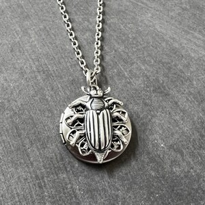 May include: A silver-toned metal locket pendant suspended from a matching link chain. The circular locket features a raised, detailed relief of a beetle with prominent wings and legs centered on its face, finished with dark oxidized accents.