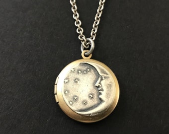 Small Celestial Locket Antiqued Silver Lunar Moon Star Necklace MATTE GOLD Photo Locket Bridesmaid Gift Unisex Men's Locket Best Friend Gift