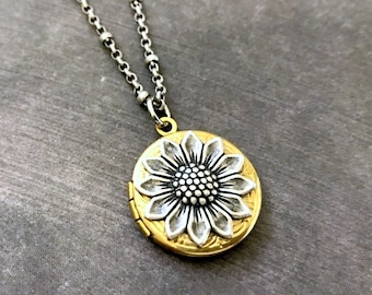 Small Gold Sunflower Locket Vintage Style Bridesmaid Gift Boho Necklace Woodland Silver Flower Raw Brass Locket Keepsake Jewelry Bohemian