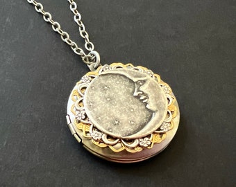 Crescent Moon Tiny Stars Locket Necklace Celestial Antique Silver Quarter Moon Photo Locket Man In The Moon Face For Mom Sister Daughter