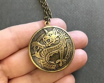 Dragon Hidden Locket Gothic Medieval Dragon Necklace Unisex Men's Locket BFF Gift Vintage Style Antique Brass Serpent Medallion Photo Locket