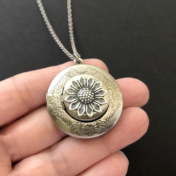 Sunflower Double Locket Antique Silver Floral Necklace Garden Flower Bridesmaid Gifts 4 Photo Locket Bohemian Girlfriend Gift Best Friend