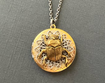 Gold Beetle Locket Necklace Gothic Scarab Entomologist Gift Round UNISEX Locket Creepy Insect Bug Collector Gift Mother's Day Graduation