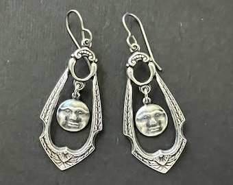 Silver Moon Drop Earrings Small Full Moon Celestial Gift Round Moon Face Man in the Moon BFF Gift Mystical Moon Valentine's Day Gift