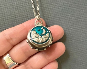 Celestial 4 Photo Folding Locket Necklace Heavenly Turquoise Sky Clouds Crescent Moon Stars Unisex Locket Men's Gifts Bohemian Gifts