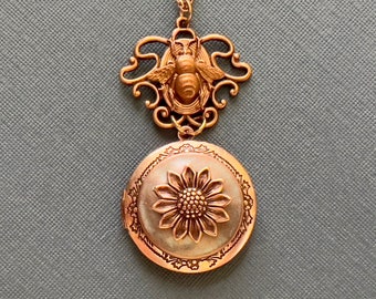 Bee Sunflower Locket Necklace Rose Gold Bee Vintage Inspired Nature Inspired Bee Lover Gift Round Photo Locket Best Friend Mother's Day