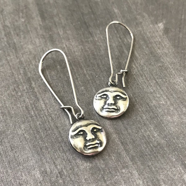 Silver Moon Earrings Small Full Moon Celestial Gift Round Moon Face Man in the Moon BFF Gift Mystical Moon Valentine's Day Gift