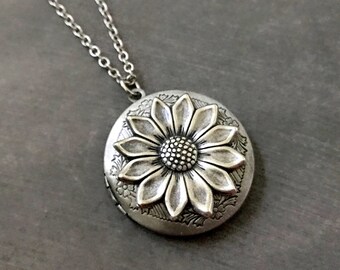 POPLYKE Sterling Silver Sunflower Heart Locket Necklace That Hold Picture Pendant Necklace Gifts for Women Wife Girlfriend