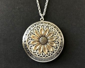 Sunflower XL Locket, Antique Silver, Garden Flower Necklace, Anniversary Gift, Bridesmaid Gift, Photo Locket, Statement Necklace, Long Chain