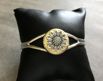 Locket Cuff Bracelet Silver Sunflower Vintage Locket Silver Cuff Garden Flower 2 Photo Locket Girlfriend Best Friend Gift Vintage Style Cuff