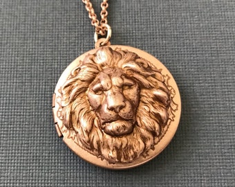 Rose Gold Lion Locket Lion Necklace Leo Birthday Gift King of the Jungle Brave Lion Round Locket Lion's Mane August Birthday Keepsake Locket