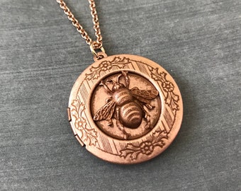 Bee Locket, Rose Gold Bee, Vintage Inspired, Floral, Locket Necklace, Nature Inspired, Bee Lover Gift, Photo Keeper, Teen Necklace, BFF Gift